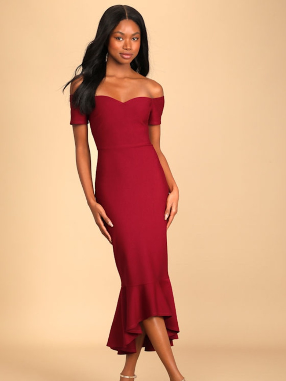Lulus How Much I Care Wine Red Off-the-shoulder Midi Dress - Size L